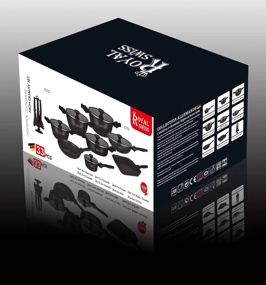 Royal Swiss® Pannenset - 33 Delig - Keramisch - Inductie - Afneembare Handgrepen - Geschikt Voor Oven - Zwart 6 Royal Swiss® Pannenset - 33 Delig - Keramisch - Inductie - Afneembare Handgrepen - Geschikt Voor Oven - Zwart - Afbeelding 6