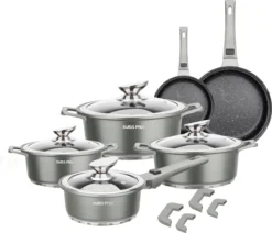 Swiss Pro+ | Set 14 Delige Pannenset | Inductie - Pannensets - Glazen Deksel - Met Afneembare Handgreep - Marmeren Interieur -PFAS-vrij | Grey / Silver -Keuken Pot Winkel 1200x1032 1