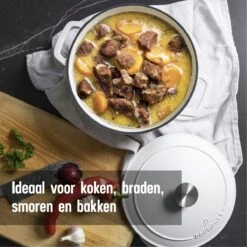 Daumonet Carême Blanc Gietijzeren Braadpan - Sudderpan Wit - Rond - Ø 26 Cm - 4,4 Liter - 100% PFAS & PFOA Vrij - Emaille - Geschikt Voor Alle Warmtebronnen - Elektrisch - Gas - Halogeen - Inductie - Keramisch - Vaatwasserbestendig -Keuken Pot Winkel 1200x1200 1276