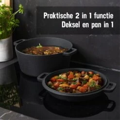 Daumonet Ducasse Gietijzeren Double Use Braadpan - Combi Sudderpan Zwart - 2-in-1 Bak- En Braadpan - PFAS & PFOA Vrij - Rond - Ø 26 Cm - 4,4 Liter - Emaille - Alle Warmtebronnen - Elektrisch - Gas - Halogeen - Inductie - Keramisch -Keuken Pot Winkel 1200x1200 1290