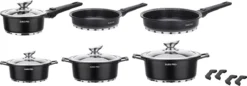 Swiss Pro+ | Set 14 Delige Pannenset | Inductie - Pannensets - Glazen Deksel - Met Afneembare Handgreep - Marmeren Interieur -PFAS-vrij | Black (Zwart) -Keuken Pot Winkel 1200x416