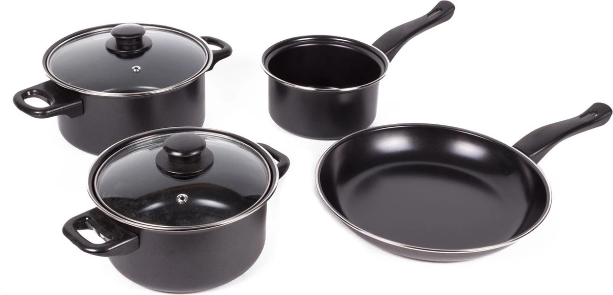 Benson Pannenset 6 Delig - Carbon Staal 0,8 Mm Met Glazen Deksels