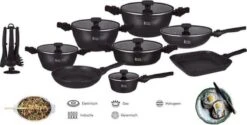Royal Swiss® - Set Lot 33-delige - Pannenset Inductie - Steengoeden - Afneembare Handgreep - Glazen Deksel - Geschikt Voor Oven - PFAS-vrij + Keukengerei -Keuken Pot Winkel 1200x608