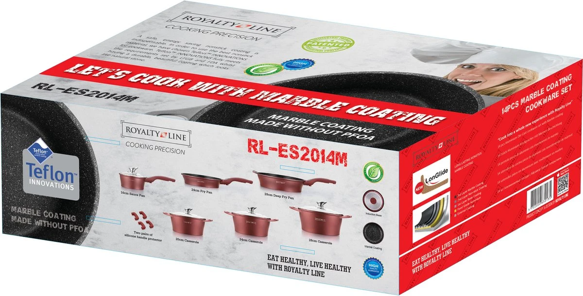 Royalty Line - Set Lot 14-delige Pannenset Inductie - Glazen Deksel - Met Afneembare Handgreep - Marmeren Interieur -PFAS-vrij - Roze Kleur 2 Royalty Line - Set Lot 14-delige Pannenset Inductie - Glazen Deksel - Met Afneembare Handgreep - Marmeren Interieur -PFAS-vrij - Roze Kleur - Afbeelding 2