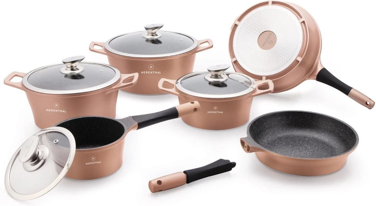 Herenthal Line - Pannenset Inductie - 14 Delig - Afneembare Handgreep - Keramisch - Koper Kleurig - PFAS-vrij