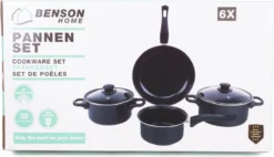 Benson Pannenset 6 Delig - Carbon Staal 0,8 Mm Met Glazen Deksels -Keuken Pot Winkel 1200x691