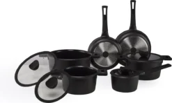 The White Series - Keramische Pannenset Met Glazen Deksels - Inclusief Set Vershoudbakjes - Zwart