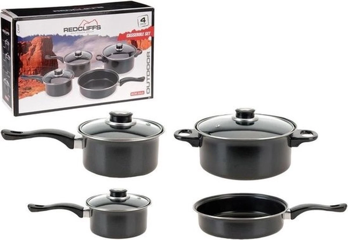 Redcliffs 4-delige Pannenset - Met 3 Glazen Deksels - Anti-Aanbaklaag - Camping/ Kamperen - Steelpannen, Hapjespan, Kookpan 1 Redcliffs 4-delige Pannenset - Met 3 Glazen Deksels - Anti-Aanbaklaag - Camping/ Kamperen - Steelpannen, Hapjespan, Kookpan