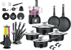 Swiss Pro+ - SWP41D22 - Pannenset 41 Delig - Foodprocessor - Messenblok 8 Delig - Kookgerei Set Met Houder 7 Delig - Starters Pakket - 2022 Serie - Limited Edition -uitzet