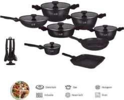 Swiss Homes® | 33 - Delige Steengoeden Pannenset | Afneembare Handgrepen, 6 Potten + 2 Pannen + Pollepelbodem + 2 Pollepels + 6 Deksels + 12 Handgrepen + Accessoire. - | PFAS-Vrij | Zwart